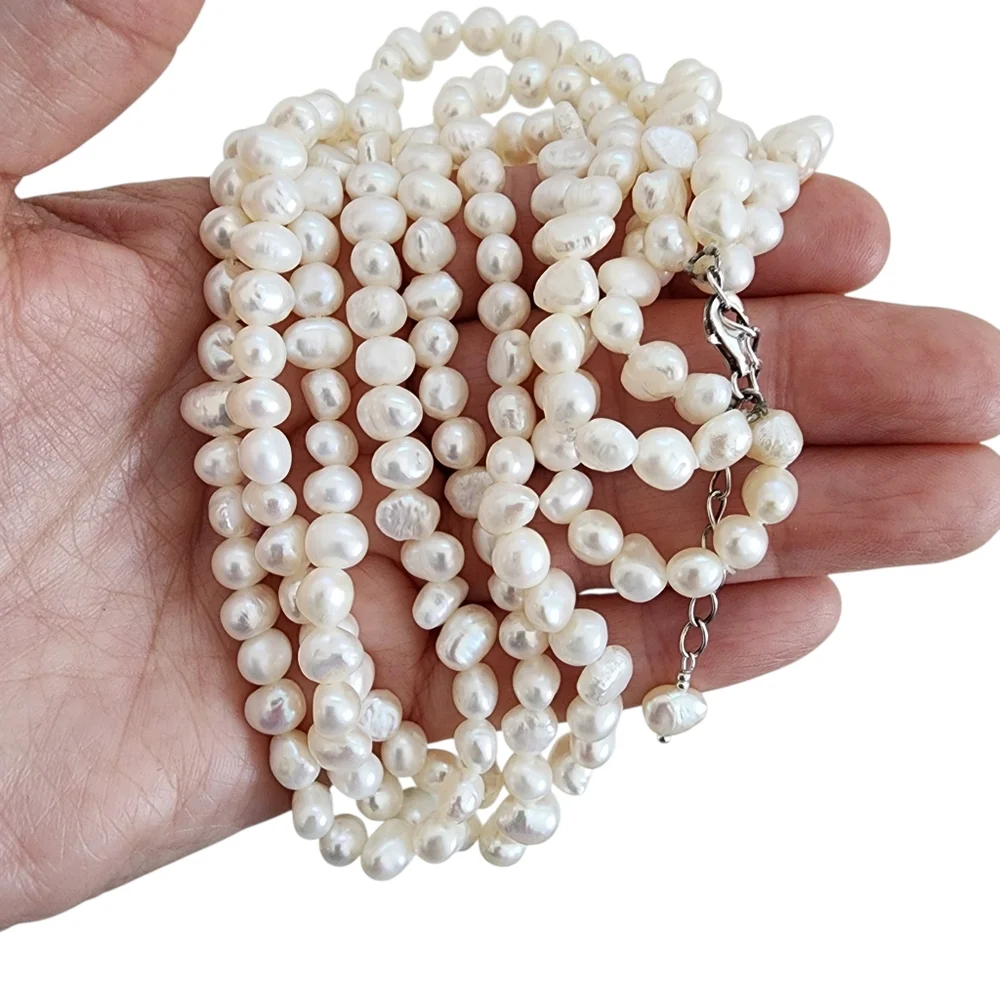 Pearl necklace multi strand genuine pearls 925 sterling silver clasp  A0387 Q7